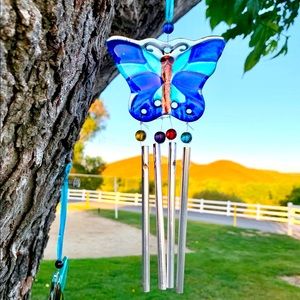 Retro Glass Blue Butterfly Wind Chime Sun Cat…